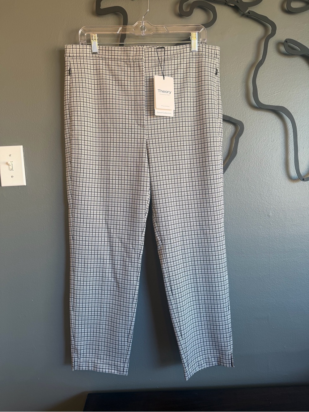 NWT Theory Womens HW Taper Pant K Fog Multi Contrast Grid  Windowpane Size 12